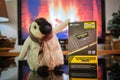 Corsair Vengeance LPX Black 32GB DDR4 3200MHz CL16 Dual Channel Kit package box next to a toy pengiun Royalty Free Stock Photo