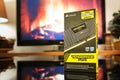Packaging box of Corsair DDR RAM dual kit, LPX Vengeance Black 32GB DDR4 3200 MHz, CL 16, on a reflective surface