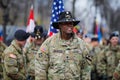 US Army soldiers of the 1st Cavalry Division take part at the Romanian National Day military parade Royalty Free Stock Photo