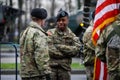 US Army soldiers of the 1st Cavalry Division take part at the Romanian National Day military parade Royalty Free Stock Photo