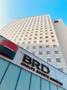 Bucharest, Romania - February 2021: BRD Bank headquarters building wide angle view in a sunny day Royalty Free Stock Photo
