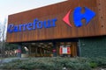 Carrefour supermarket logo on ParkLake Shopping Center mall. Carrefour is one of the largest hypermarket chains in the world Royalty Free Stock Photo