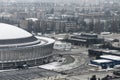 Bucharest, Romania - February 2021: Top view over Romexpo exhibition center building during a cloudy winter day