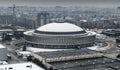 Bucharest, Romania - February 2021: Top view over Romexpo exhibition center building during a cloudy winter day Royalty Free Stock Photo