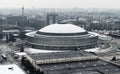 Bucharest, Romania - February 2021: Top view over Romexpo exhibition center building during a cloudy winter day