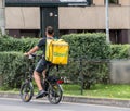 Bucharest/Romania - 07.25.2020: Glovo courier on a bicycle delivering the order