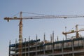 Bucharest, Romania - January 25, 2018: Big yellow cranes construction building in Orhideea area of Bucharest.