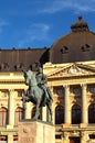 Picturesque landscape view of the equestrian Monument to the King Carol I in front of the Central University Library Royalty Free Stock Photo