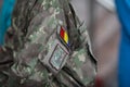 Bucharest, Romania - January 05, 2021: Shallow depth of field selective focus image with the uniform and insignia of a Romanian