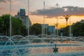 Bucharest Fountains with sunset sky at Unirii Square in Bucharest, Romania