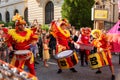 Bucharest, Romania - July 14, 2018 Show of the Orange Drummers performers from Slovakia, B-Fit