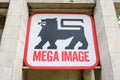 Bucharest, Romania - June 6, 2020: Entry sign with logo for Mega Image supermarket Royalty Free Stock Photo