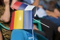 Funny street portrait. Romanian flag. Serbian flag