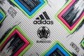 Bucharest, Romania, 5 June 2021 - Official Adidas Uniforia large match ball is displayed in a street in the old city center as of