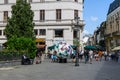 Bucharest, Romania, 5 June 2021 - Official Adidas Uniforia large match ball is displayed in a street in the old city center as of