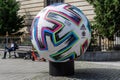 Bucharest, Romania, 5 June 2021 - Official Adidas Uniforia large match ball is displayed in a street in the old city center as of