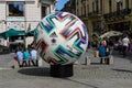 Bucharest, Romania, 5 June 2021 - Official Adidas Uniforia large match ball is displayed in a street in the old city center as of