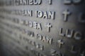 Shallow depth of field selective focus details with names of people who died in the Romanian Revolution from 1989 on a monument