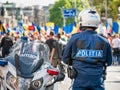 Traffic policeman on motorbike. Police officer control in the center of Bucharest Royalty Free Stock Photo