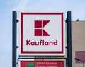 Bucharest/Romania - 11.16.2020: Kaufland logo on a sign board. Kaufland is a German hypermarket chain, part of the Schwarz Gruppe