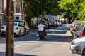 Bucharest, Romania - 2019. Man on a motercycle on a one way street Royalty Free Stock Photo