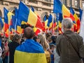 Bucharest/Romania - 09.19.2020: Many people with Romanian flags in their hand protesting against wearing face masks in schools Royalty Free Stock Photo