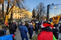 BUCHAREST, ROMANIA - MARCH 19, 2022:People demonstrate in front of the embassy of the Russian Federation in Bucharest.