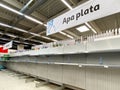 Panic Buyers And Water Bottles Shortage In Supermarket Store Due To Coronavirus Pandemic