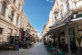 BUCHAREST, ROMANIA - MARCH 14, 2023: Panorama of the Strada selari street in Bucharest, a pedestrian cobblestone street of Centrul Royalty Free Stock Photo