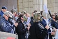 Protesters wear gas masks in front of the Ministry of Environment building, in response to extreme air pollution in Romania