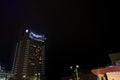 BUCHAREST, ROMANIA - MARCH 13, 2023: Selective blur on the main tower of the Grand Hotel Bucharest at Night. Grand hotel is a five