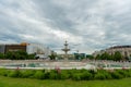 BUCHAREST, ROMANIA - MAY 30, 2017: Bucharest Cityscape with Street Fountain and Empty Street.