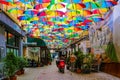 Bucharest, Romania, May 18, 2019: Cafe with colorful umbrellas on a street in Bucharest