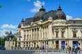 Bucharest, Romania, 6 May 2021: The Central University Library with equestrian monument to King Carol I in front of it in