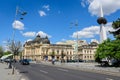 Bucharest, Romania, 6 May 2021: The Central University Library with equestrian monument to King Carol I in front of it in