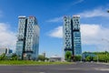 Bucharest, Romania - 15 May 2021: City Gate Towers in the Northern part of the city with headquarters and offices of Telekom, Royalty Free Stock Photo