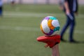 Details with a soccer playerÃ¢â¬â¢s foot with the Adidas Conext 19 European qualifiers official soccer match ball on Arena Nationala