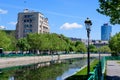 Bucharest, Romania, 9 May 2021 - Old buildings near Natiunile Unite Square Piata Natiunile Unite and bridge on Dambovita river Royalty Free Stock Photo