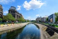 Bucharest, Romania, 6 May 2021 - Old buildings near Natiunile Unite Square Piata Natiunile Unite and bridge on Dambovita river Royalty Free Stock Photo