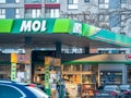 Mol fuel station in Bucharest. MOL group international oil and gas company logo