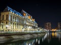 Bucharest/Romania Ã¢â¬â 02.29.2020: Night photo of Palace of Justice in Bucharest, alongside Dambovita river Royalty Free Stock Photo