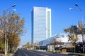 Bucharest, Romania, 21 Nov 2021: Modern glass building of Globalworth Tower in Aurel Vlaicu neighborhood in a sunny autumn day