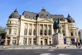 Bucharest, Romania - 6 November 2021: The Central University Library with equestrian monument to King Carol I in front of it in