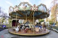 Bucharest, Romania, 13 November 2021: Colourful children colorful carousel with mixed plastic and metallic toys and materials in