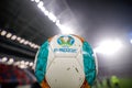 Details with a wet Euro 2020 official soccer match ball in a stadium