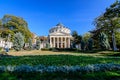 Bucharest, Romania, 8 November 2020: Landscape with the Romanian Atheneum, circular building that is the main concert hall and Royalty Free Stock Photo