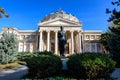 Bucharest, Romania, 8 November 2020: Landscape with the Romanian Atheneum, circular building that is the main concert hall and Royalty Free Stock Photo