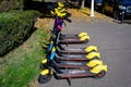 Bucharest, Romania, 1 November 2020: Line of many electric scooters parked on a sidework in front of park in Bucharest, Romania, Royalty Free Stock Photo