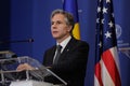 U.S. Secretary of State Antony Blinken attends a joint press conference with Romania`s Foreign Minister Bogdan Aurescu Royalty Free Stock Photo