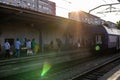 Bucharest, Romania - 2019. People getting on the train at Bucharest North Railway Station Gara de Nord in Bucharest, Romania Royalty Free Stock Photo